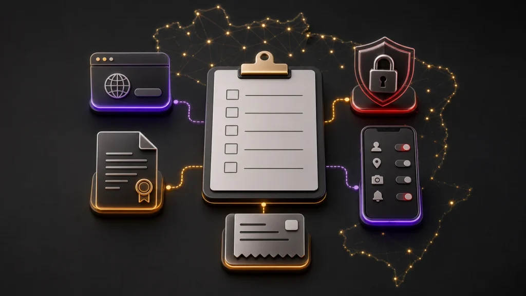 Checklist visual para verificar domínio, empresa, permissões e segurança antes de usar uma plataforma